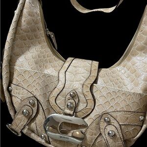 Rare Vintage Guess Y2K Studded Croc-Embossed Hobo Shoulder Bag - Beige/Tan